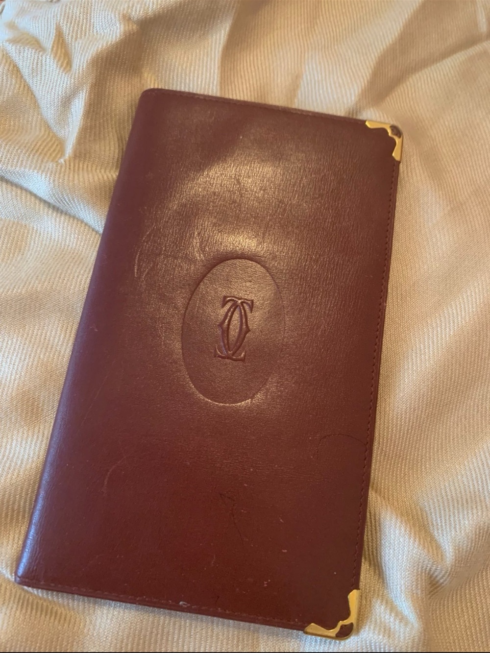 Vintage Cartier Burgundy Leather wallet Cover with Gold corners